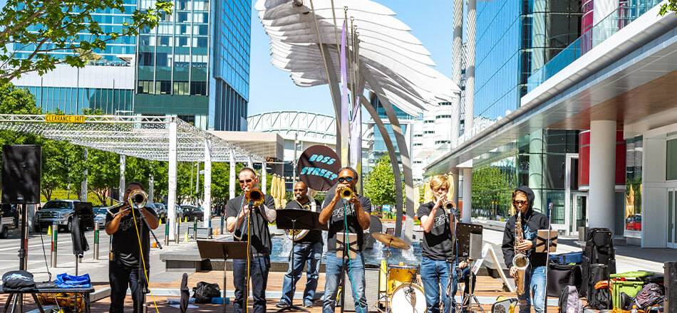 The Boss Street Brass Band performs in downtown Houston