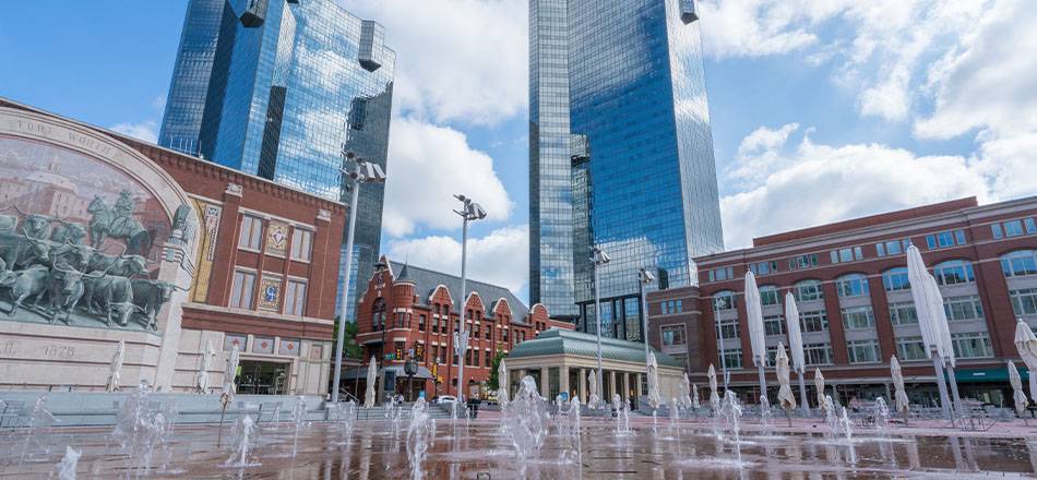 Water fountains in Sundance Square in Fort Worth, Texas