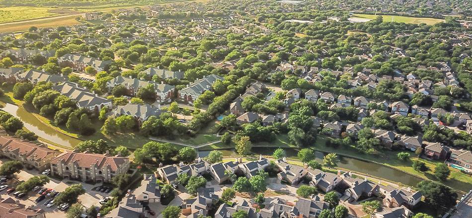 Top view urban sprawl in Dallas-Fort Worth area