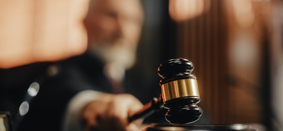 close-up of a judge's hand holding a hammer
