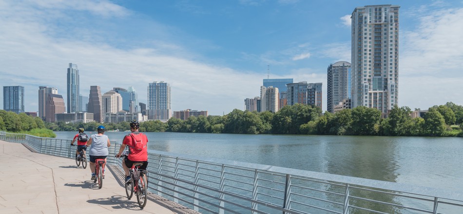 Cityscape and waterfront bike ride