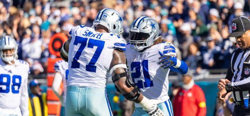 21 EZEKIEL ELLIOTT 77 TYRON SMITH DALLAS COWBOYS VS JACKSONVILLE JAGUARS DECEMBER 18, 2022 at TIAA BANK FIELD JACKSONVILLE FLORIDA
