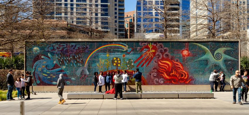 Dallas, T, March 16, 2019: The mosaic by artist Miguel Covarrubias, Genesis, Gift of Life at the Dallas Museum of Art is a complex mix of colors and lights and shadows.