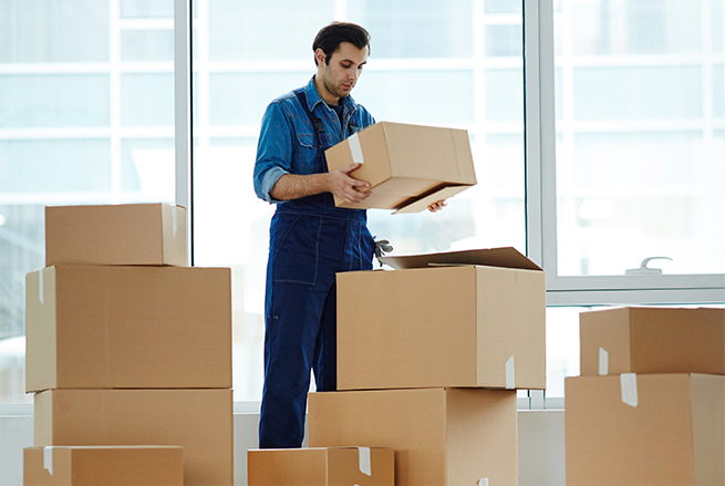 a worker moving the boxes