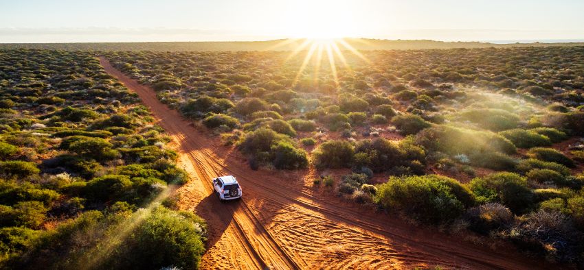 Australia, red sand unpaved road and 4x4 at sunset, Francoise Peron, Shark Bay