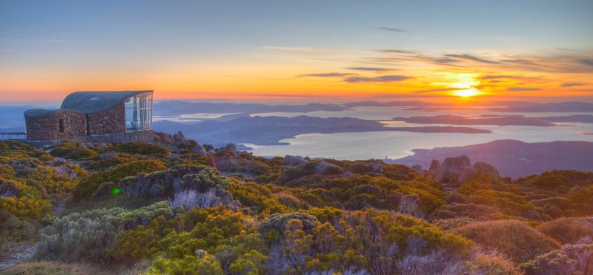 Sunrise view of shelter at Mount Wellington in Hobart, Australia