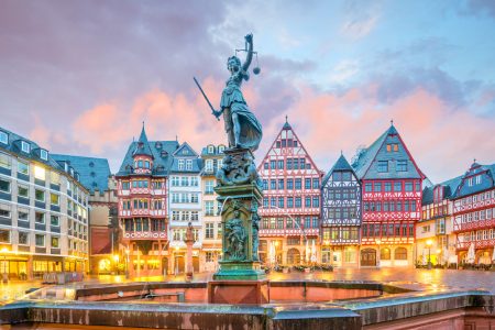 Old town square romerberg in Frankfurt, Germany at twilight