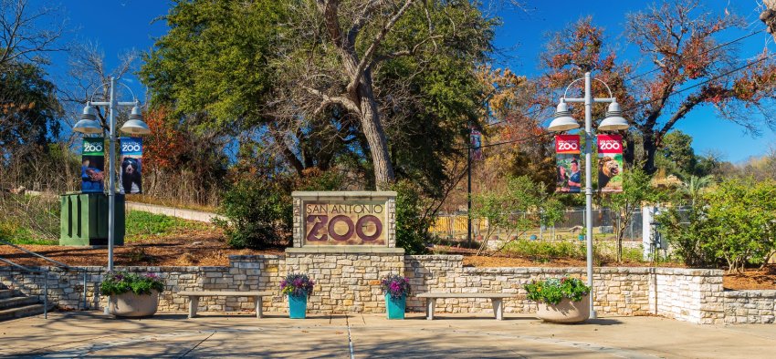 Texas, FEB 4 2022 - Sunny view of the Zoo plaza in Brackenridge Park