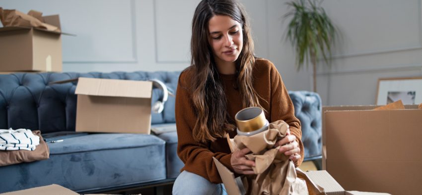 Young woman wrapping a vase while packing boxes before moving out of the apartment.