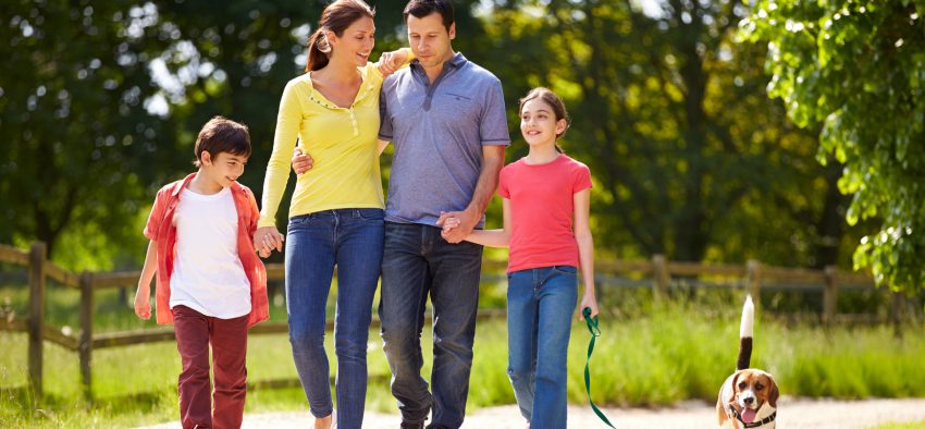 Hispanic Family Taking Dog For Walk In Countryside