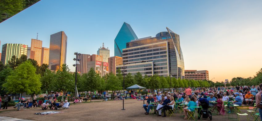 May 1, 2015 Dallas, TX USA: People are relaxing and picnicking in free music in the park event in Klyde Warren Park, uptown Dallas, TX.