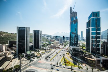 San Pedro Garza García, Nuevo Leon. Mexico. April 28, 2019. Valle oriente avenue and buildings. Panoramic view. Monterrey.