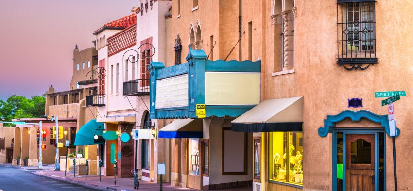 Santa Fe, New Mexico, USA streets at dusk.