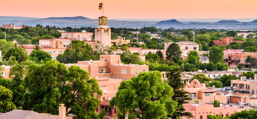 Santa Fe, New Mexico, USA downtown skyline at dusk.