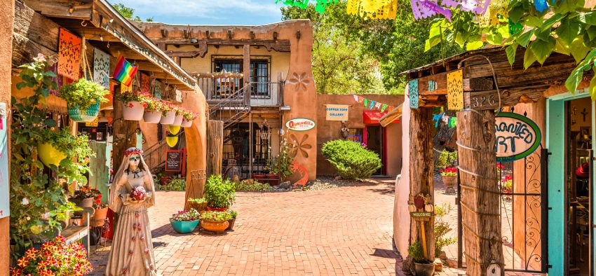 ALBUQUERQUE, NEW MEXICO - JUNE 29, 2019: Old Town shops and restaurants in historic Albuquerque.
