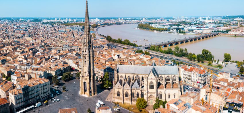 Bordeaux aerial panoramic view. Bordeaux is a port city on the Garonne river in Southwestern France