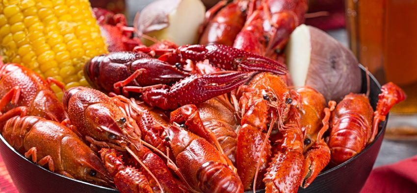 Creole style crawfish boil serving with corn and boiled potato