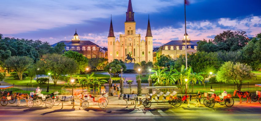 New Orleans, Louisiana, USA at St. Louis Cathedral and Jackson Square.