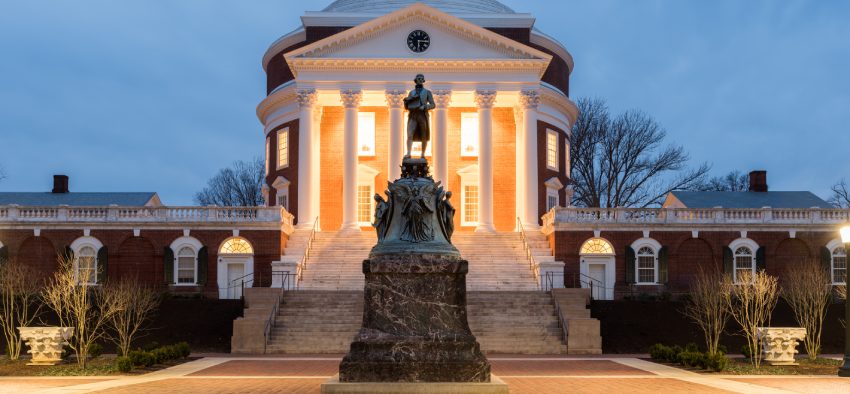 Charlottesville, Virginia - Feb 19, 2017: The University of Virginia in Charlottesville, Virginia at night. Thomas Jefferson founded the University of Virginia in 1819.