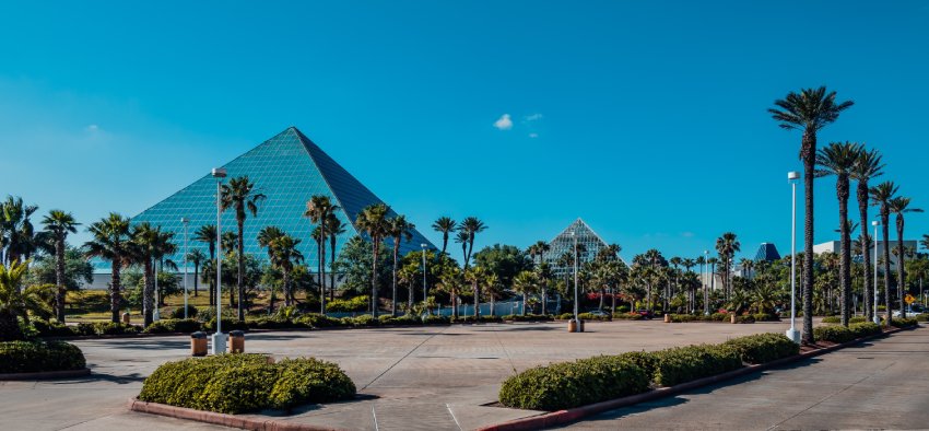 Galveston, TX, US - April 29, 2022: Moody Gardens Aquarium and Rainforest Pyramids in Galveston Texas.