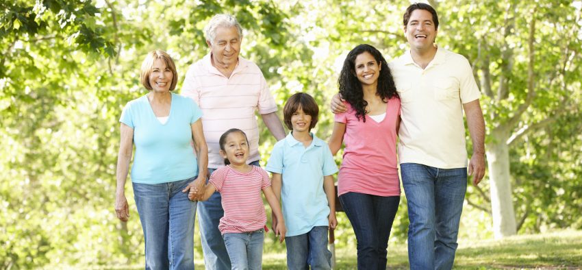 Multi Generation Hispanic Family Walking In Park