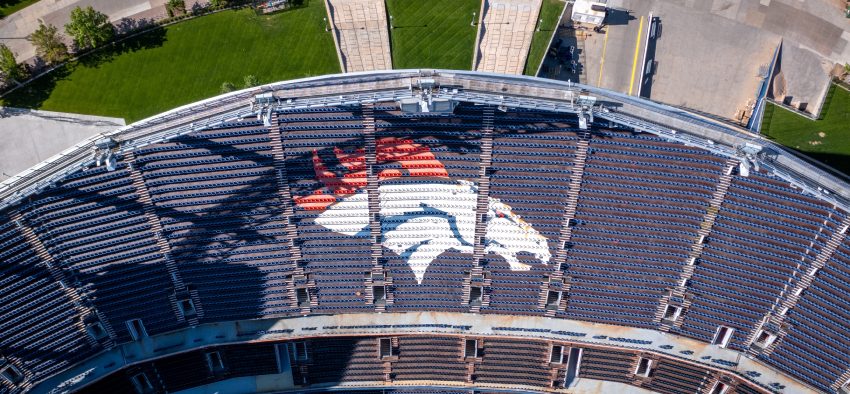 May 26, 2022 Denver, Colorado: Aerial Top down of Denver Broncos logo in Stadium seats