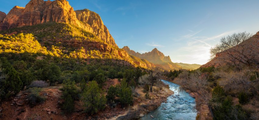 Sunset Over the Virgin River and the Watchman Peak in Zion National Park, Utah.
