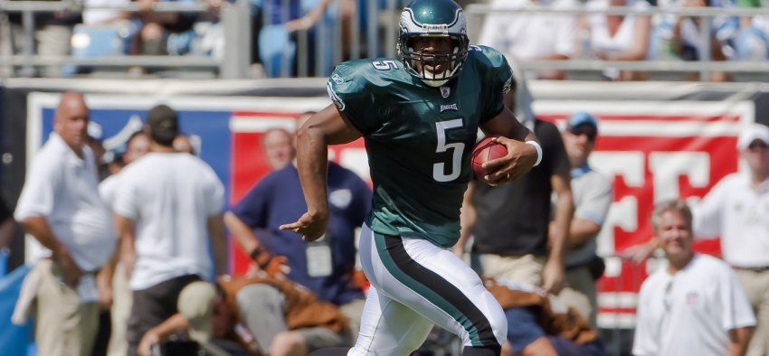 CHARLOTTE, NC - SEPT 13: Philadelphia Eagles Quarterback, Donovan McNabb, runs for yardage during their match with the Carolina Panthers at the Bank of America Stadium on Sept 13, 2008 in Charlotte, NC.