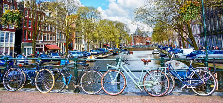 Bicycles parked on a bridge in Amsterdam, The Netherlands