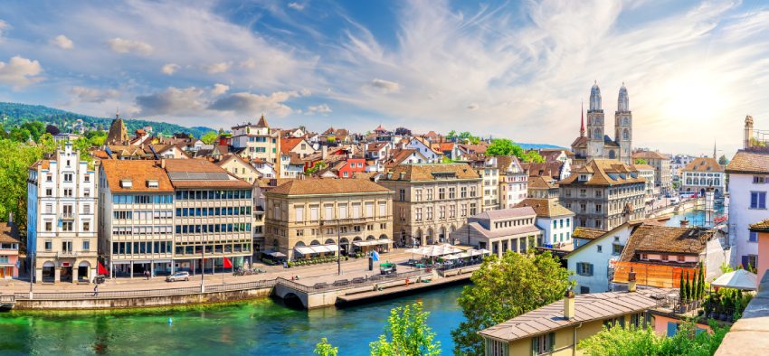 Aerial sunset panorama on the downtown of Zurich, Switzerland